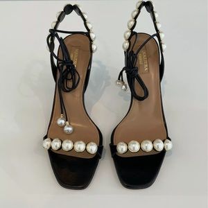AQUAZZURA BLACK FAUX PEARL LACEUP SANDALS SIZE IT 37.5 / US 7.5 NEW IN BOX!